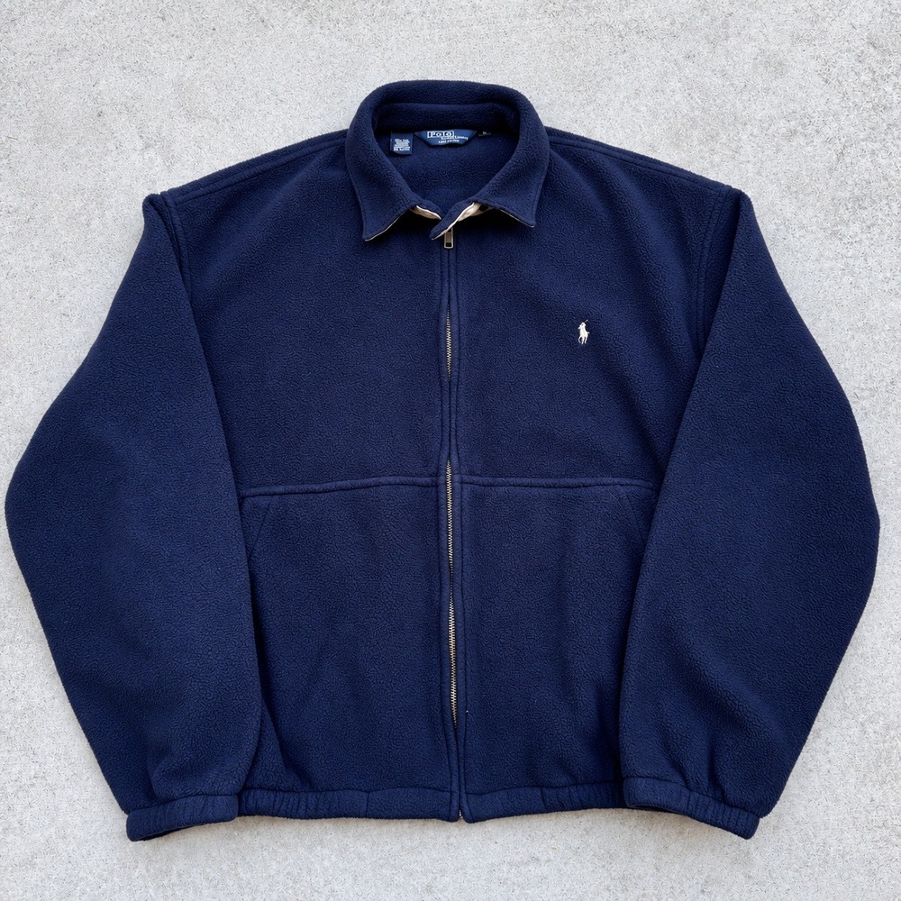 Polo Ralph Lauren Navy Blue Full Zip Fleece Harrington Jacket Large Vintage